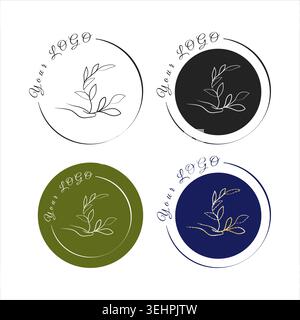 Four circular logo designs show a minimalist line art hand cradling a growing plant. Stock Vector