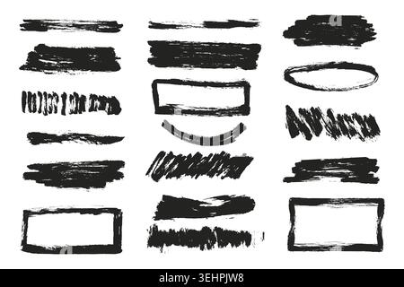 Black marker stains grunge set. Handwriting scribble stroke, underline graphite textures. Brush signs and crayon drawing neoteric vector elements Stock Vector