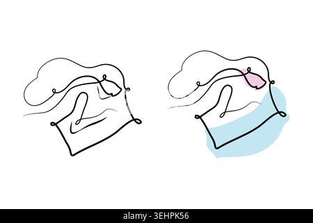 A continuous line art drawing shows a sleepy girl resting. Her face is relaxed, eyes closed, suggesting peaceful slumber. Stock Vector