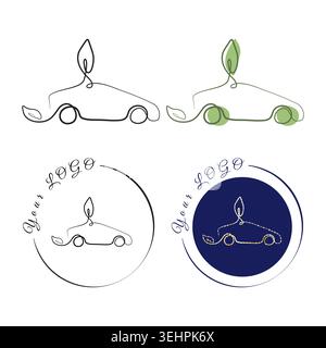 Four distinct car logo designs show a single line car outline with green leaves. Two designs are simple outlines, while two incorporate Your Logo text within circles. Stock Vector