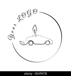 A black continuous line forms the silhouette of a car with two leaves, one atop the roof and another at the front. Stock Vector