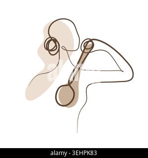 A continuous line drawing shows a woman from behind, brushing her upper back with a long handled scrubber. She reaches over her shoulder, engaging in a moment of personal hygiene. Stock Vector
