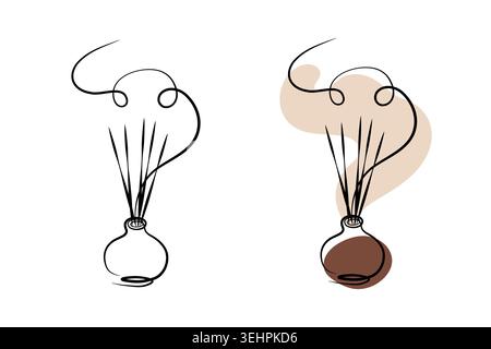 Two continuous one line art illustrations feature aroma diffusers. One shows a black outline of a vase with reeds, while the other adds abstract beige and brown shapes indicating scent and liquid. Stock Vector