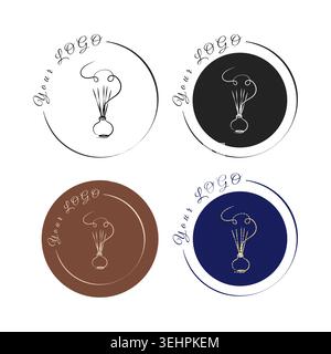 Four circular logo designs for Aroma Aroma, each featuring a minimalist line art diffuser bottle with reeds and swirling aroma. The variations include different background and line colors. Stock Vector