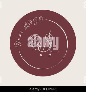Abstract line art displays a needle and wool yarn coil. The design features white lines on a rich, deep red circular background, symbolizing crafting and textile arts. Stock Vector