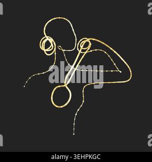 A minimalist continuous line drawing shows a person brushing back. They are using a long-handled brush, reaching behind their back on a black backdrop. Stock Vector