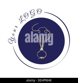 An elegant line art logo features a golden aroma diffuser bottle with reeds. Swirling lines represent fragrance rising from the bottle against a dark blue circular background, bordered in white. Stock Vector