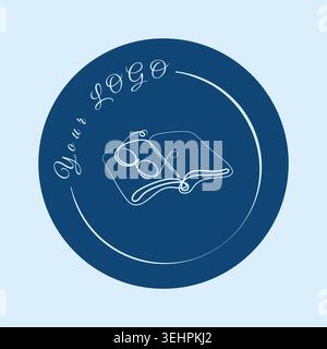 A dark blue round logo showcases an open book and reading glasses depicted with white one line art. The phrase Your Logo curves gracefully at the top left. Stock Vector