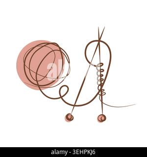 A minimalist one line art drawing shows a brown ball of wool yarn and two knitting needles. Stock Vector