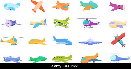 Toy planes. Colorful airplanes, aircraft, helicopters for children play. Flying transportation, isolated cartoon plastic toys for kids, sapid vector Stock Vector