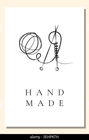 A clean white poster displays a black abstract line drawing of wool yarn and a knitting needle. The words 'HAND MADE' are prominently featured below, highlighting craft quality. Stock Vector