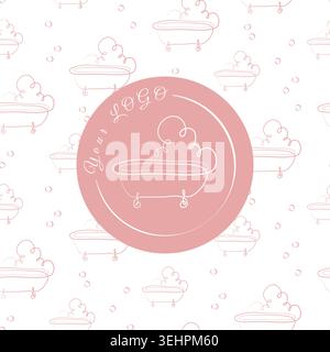 Pink circular logo featuring a delicate line art bathtub with steam, set against a seamless white background pattern of identical bathtubs and bubbles. Stock Vector