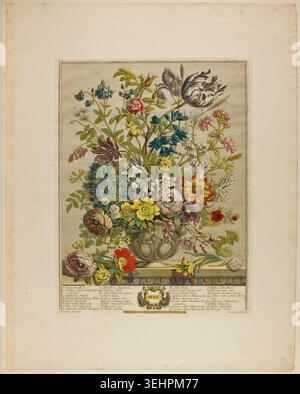 May, from Twelve Months of Flowers by Henry Fletcher, depicting a dense floral arrangement with roses, tulips, carnations, and seasonal blooms emerging from a decorative stone vessel Stock Photo