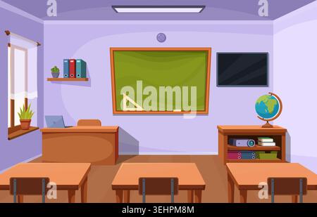 School empty classroom cartoon interior. Students or pupil study room. Wooden desks, stools, chalkboard on wall, globe and smart tv screen, sapid Stock Vector