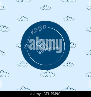 A dark blue circular logo sits on a light blue background patterned with simple outline clouds. Stock Vector