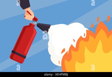 Extinguishing fire flame. Using fire extinguisher for burning. Protection and safety equipment for public buildings, apartments, office. Flame Stock Vector