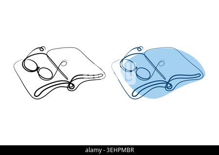 Two continuous line drawings show open books with eyeglasses. One drawing is a simple black outline. The other has dark blue lines and a light blue background shape. Stock Vector