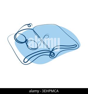 An open book and a pair of reading glasses are rendered in a continuous line art style on a white background. Stock Vector