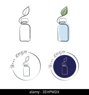 A collection of four logo variations features a bottle and a leaf formed by a single continuous line. Stock Vector