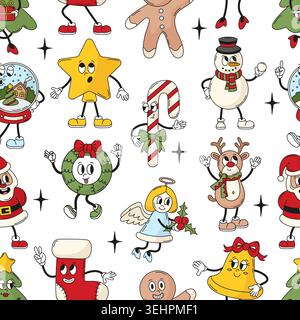 Groovy christmas seamless pattern. Winter season holidays, new year style backdrop with funny characters. Decorative retro style print, neoteric Stock Vector