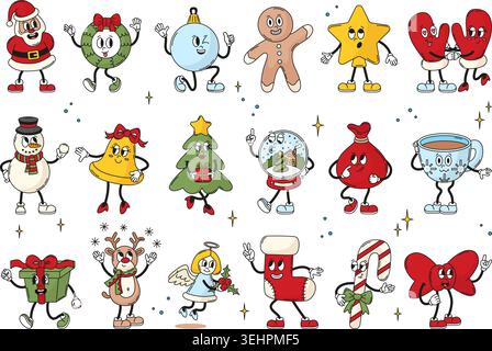 Retro groovy christmas characters. Funny new year, winter seasonal holiday. Xmas tree, bell, snowman, cute angel, red mittens and sock, neoteric Stock Vector