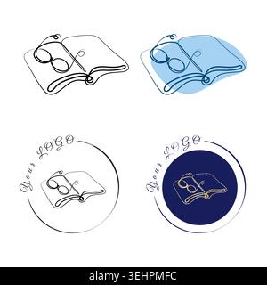 Four graphic concepts feature an open book and eyeglasses in continuous line art. Stock Vector
