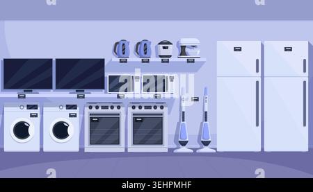 Cartoon electronics appliances store. Rows of small appliances, televisions, stoves, refrigerators. Devices display, electrical goods for sale sapid Stock Vector