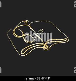 A golden line art representation of an open book glows brightly against a dark, featureless background. The stylized lines shimmer with tiny star-like points, creating a luminous effect. Stock Vector