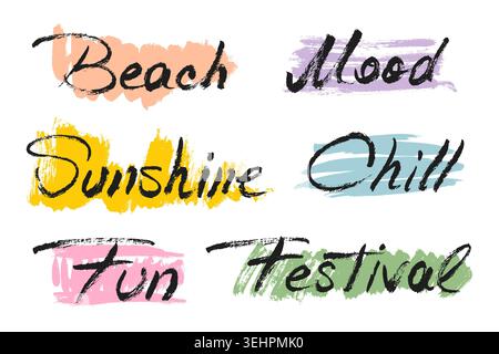 Summer sticker collection, hand written quote labels. Beach, festival prase script. Vector playful lettering set for beach parties, holidays, and Stock Vector