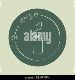 A minimalist logo displays a single white line forming a bottle with a leaf on top. This design sits within a dark green circle, which also shows Your Logo in cursive text. Stock Vector