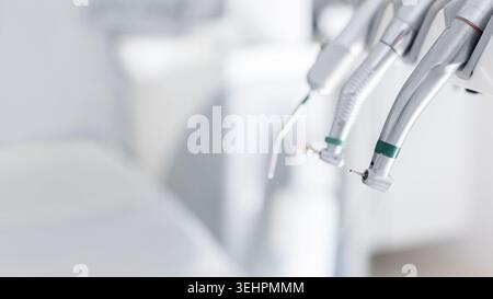 Different dental instruments and tools in dentist office Stock Photo