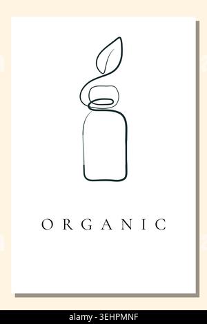 A minimalist poster showcases a simple black one line art drawing of a bottle topped with a single leaf. Stock Vector