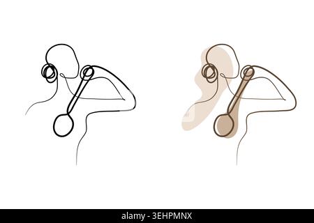 A minimalist continuous line drawing shows a person brushing back. They are using a long-handled brush, reaching behind their back. Stock Vector