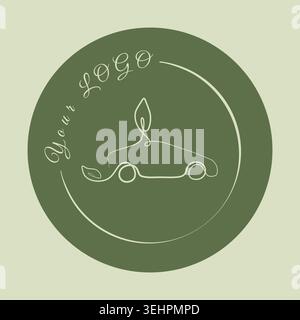 Minimalist green circular logo features a continuous line drawing of a car. Stock Vector