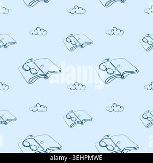 A gentle sky blue background provides a backdrop for a recurring pattern. Dark blue outlines form open books with eyeglasses resting on their pages, alongside cheerful floating clouds. Stock Vector