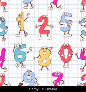 Numbers characters seamless pattern. Funny math symbols, school, preschool childish backdrop. Groovy print template for fabric, cover, wrapping Stock Vector