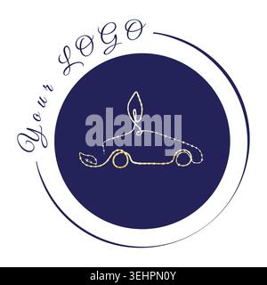 A golden line art car with leaf elements on the roof and front wheel sits inside a dark blue circle. The design, set against a white background, presents a modern, eco friendly automotive logo. Stock Vector