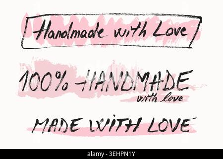Handmade with love quote brush stroke calligraphy. Handmade vintage vector label, grunge hand written script lettering with pink decorative paintbrush Stock Vector