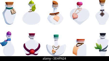 Glass bottles for poison. Empty bottle with decorative leaves, tags, gems, leather stripes. Witchcraft elements, alchemy, magic lab equipment, vector Stock Vector