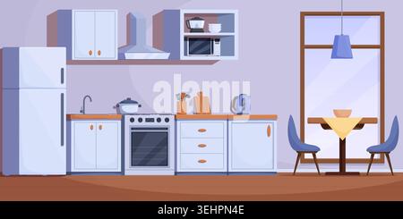 Cartoon house kitchen interior. Clean dining room and cooking zone with appliances and equipment. Wood cutting board, plates, pot on stove, sapid Stock Vector