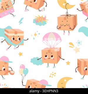 Boxes characters cartoon seamless pattern. Nursery print template, funny cardboard parcels and stars. Delivery service. Fabric design template, vector Stock Vector