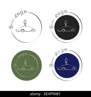 Four distinct circular logos showcase a minimalist continuous line art car design. A leaf-shaped car brush element sits atop the car outline. Stock Vector