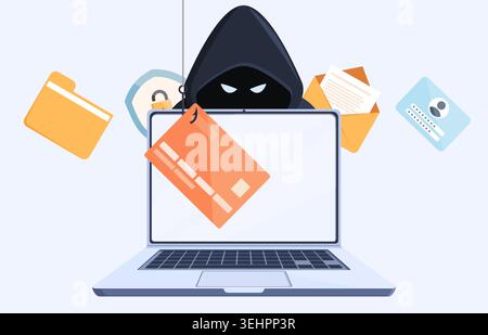 Online scammer steals bank card information. Poor security, online phishing, identity theft, password theft, email theft. Digital deception vector Stock Vector