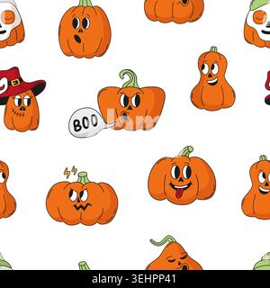 Halloween pumpkins seamless pattern. Groovy pumpkin different emotions. Autumn harvest festival, agriculture, farming. Cartoon print template, vector Stock Vector