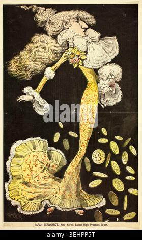 Sarah Bernhardt - New York's Latest High Pressure Craze by Charles Kendrick, 1880, satirical caricature depicting an elegantly dressed woman with voluminous hair striking an exaggerated pose, coins spilling from her skirts Stock Photo