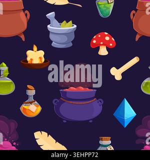 Halloween seamless pattern. Witchcraft and alchemy. Witch cauldron, poison glass bottles, magic feather and crystal. Autumn festival print, vector Stock Vector