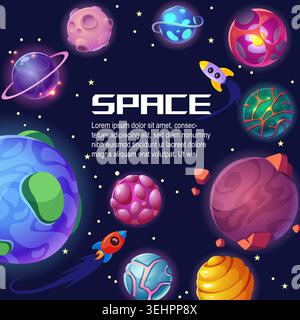 Space background. Vector galaxy scene with colorful planets stars rockets and cosmic fantasy atmosphere Stock Vector