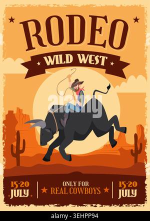Rodeo poster. Vintage vector invitation with cowboy riding a wild bull, western desert landscape, cactus silhouettes, and retro rodeo typography Stock Vector