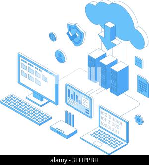 Isometric cloud data transfer. Connecting computer, laptop and tablet with wireless technologies. Smart devices, download upload process, nifty vector Stock Vector