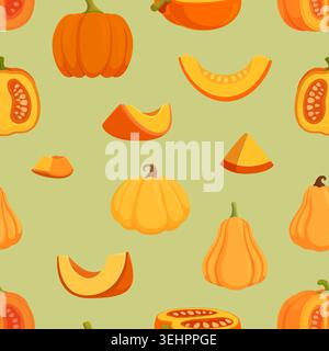 Autumn pumpkins seamless pattern. Agriculture harvest season, fall vegetables, pumpkin slices and bites. Fresh food print template, vector background Stock Vector